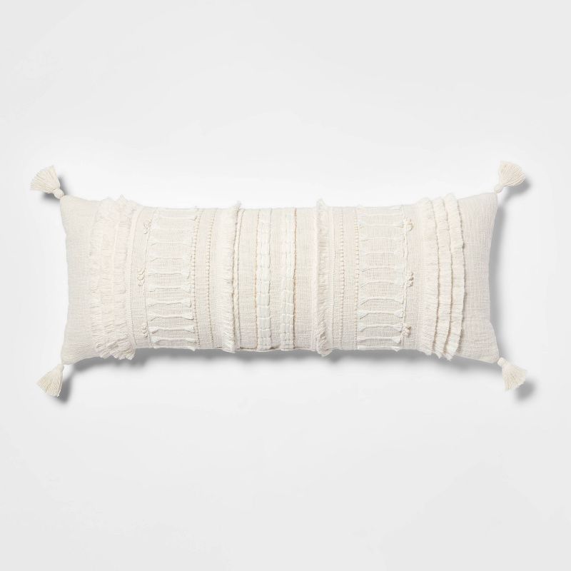 Oversized Rectangular Cream Cotton Knotted Fringe Pillow