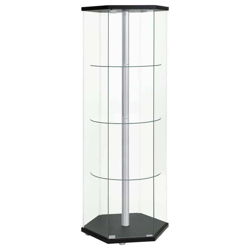 Black Hexagonal Glass Curio Cabinet with Chrome Accents