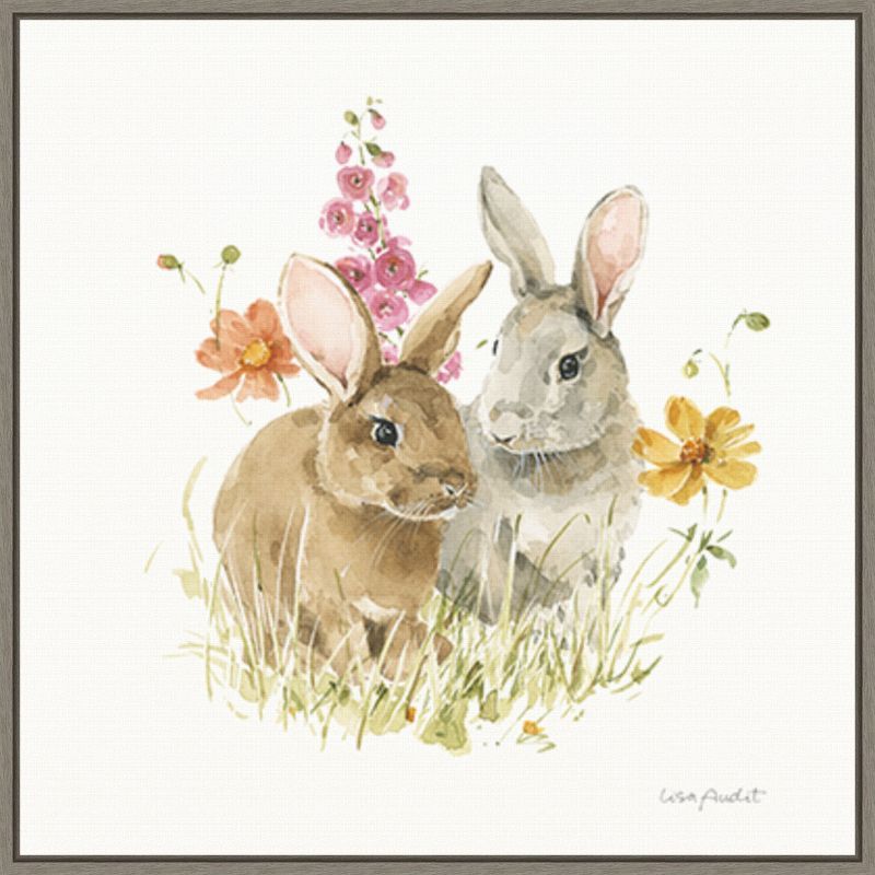 Springtime Bunnies Floral Canvas Framed Wall Art