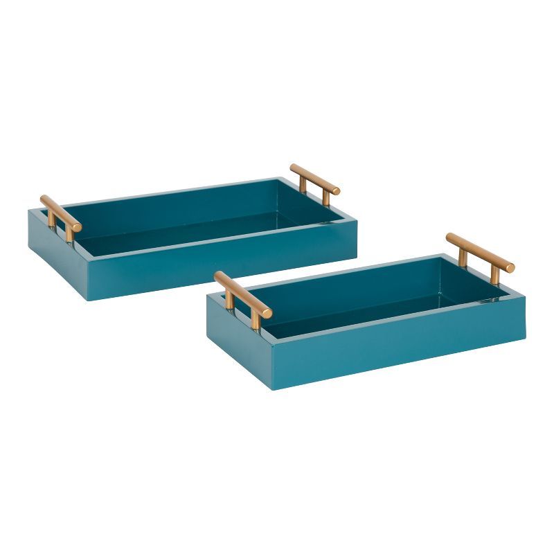 Teal and Gold Rectangular Wood Tray Set with Metal Handles