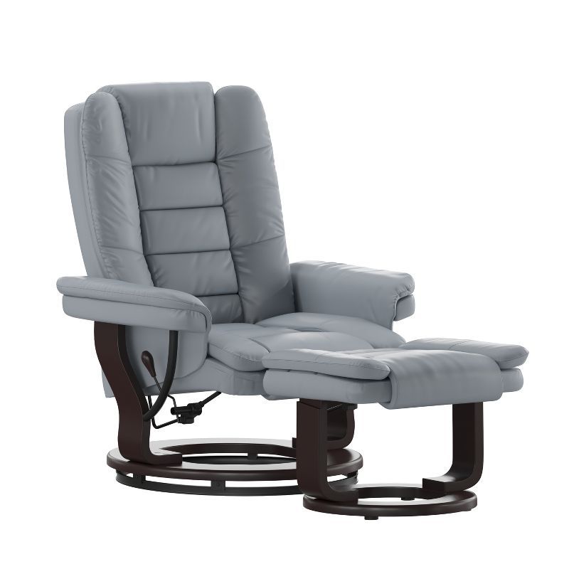 Gray Faux Leather Swivel Recliner with Ottoman and Wood Base