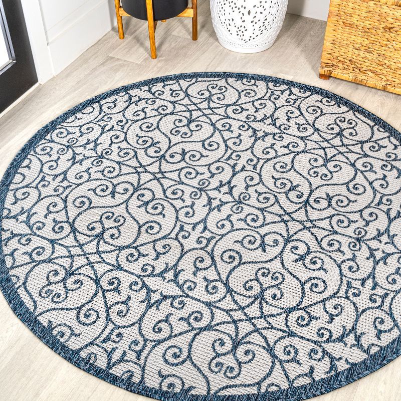 Madrid Boho-Chic Blue and Cream Geometric Round Indoor/Outdoor Rug