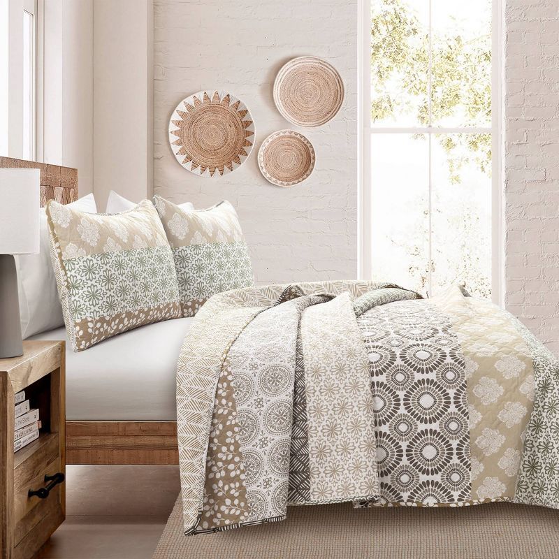 King Neutral Cotton Reversible Bohemian Quilt Set