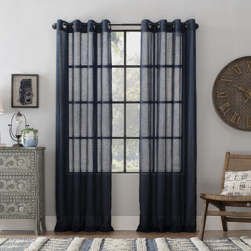 Navy Linen Blend Light-Filtering Grommet Curtain Panel, 52"x63"