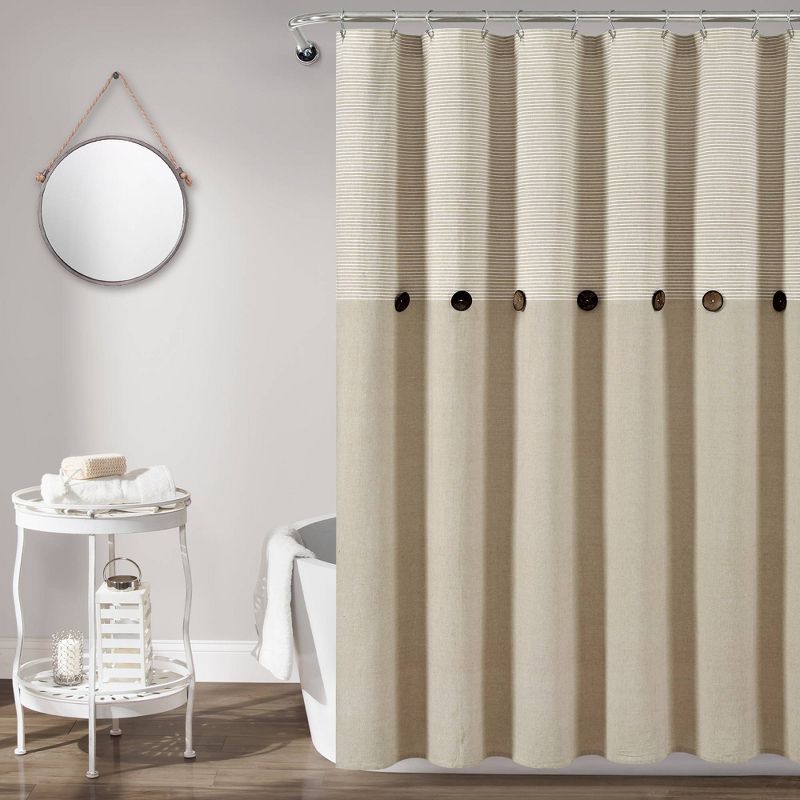 Beige Linen Button Striped Woven Cotton Shower Curtain