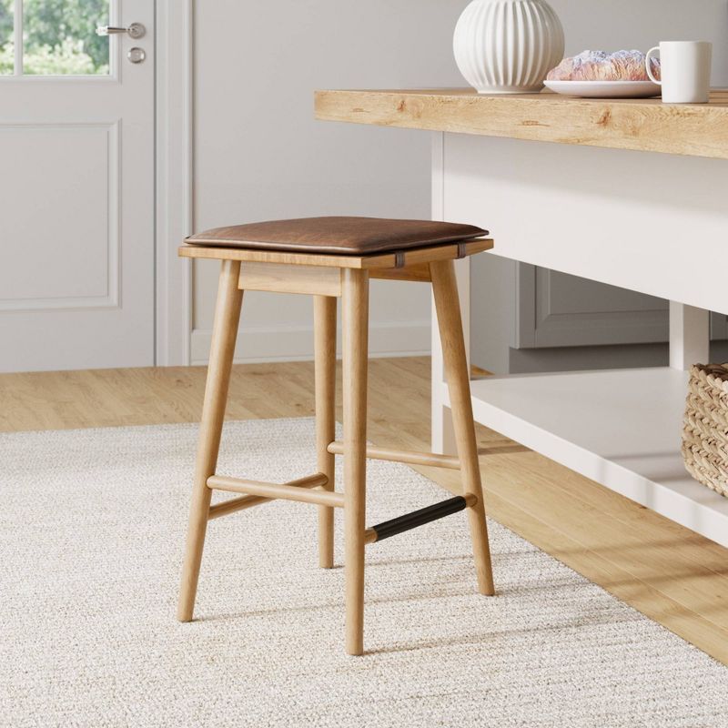 Chestnut Brown Backless Saddle Style Wood and Metal Barstool