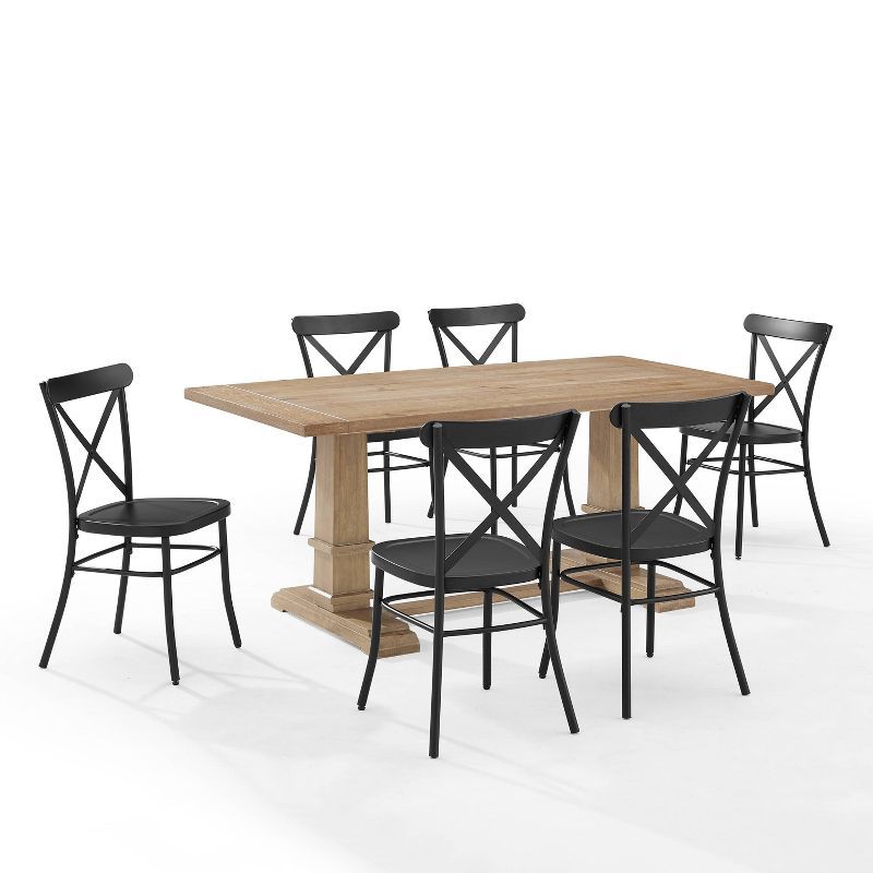 Matte Black and Rustic Brown 7-Piece Dining Set with Trestle Table