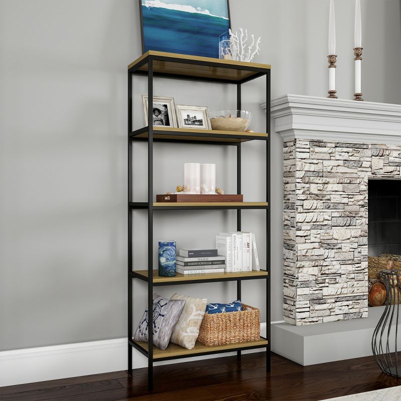 Industrial Black Steel and Wood 5-Tier Bookshelf