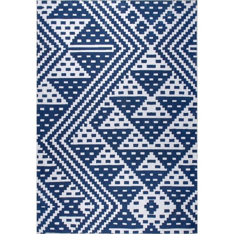 Navy and White Geometric Synthetic 4' x 6' Washable Rug