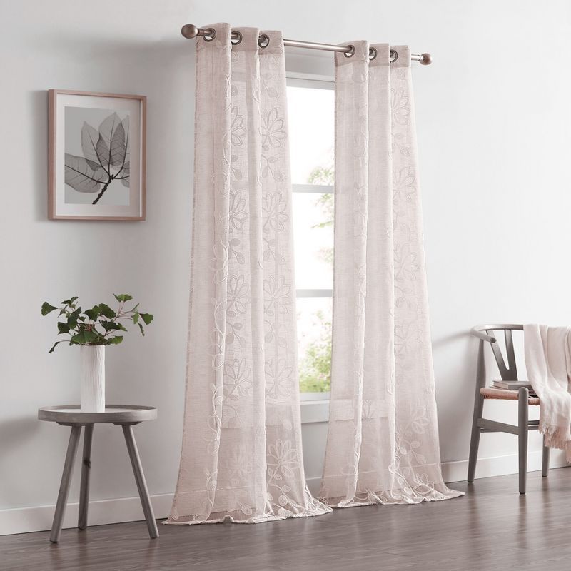 Blush Sheer Linen Grommet Window Panels with Floral Embroidery