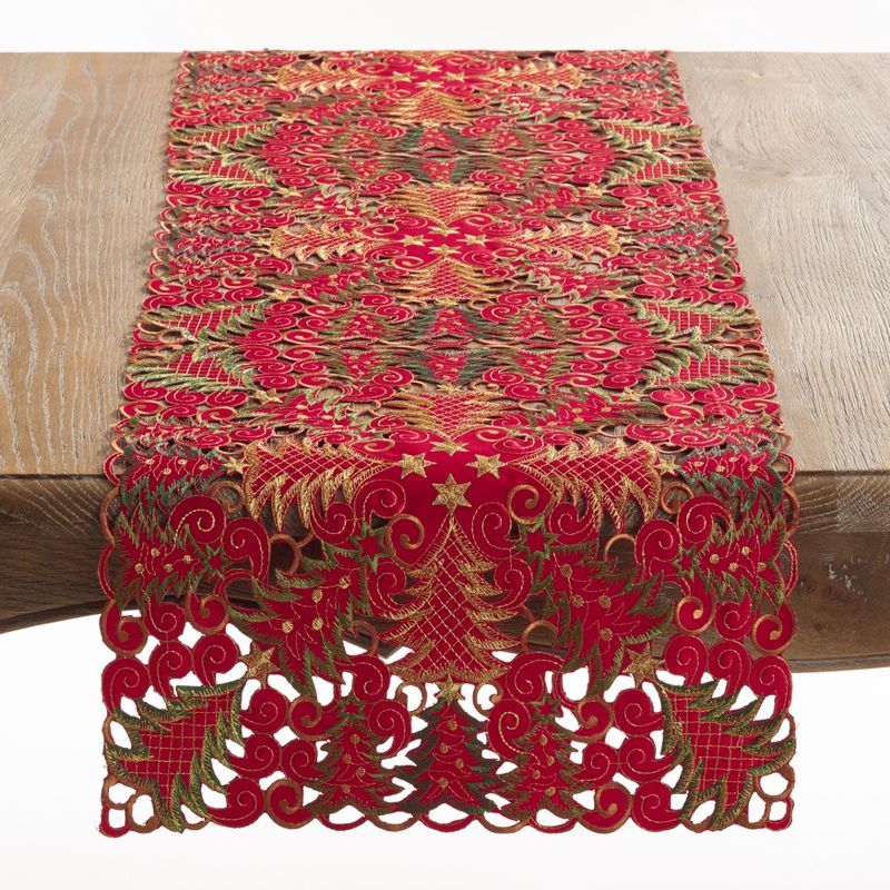 Red Polyester Christmas Tree Cutwork Table Runner