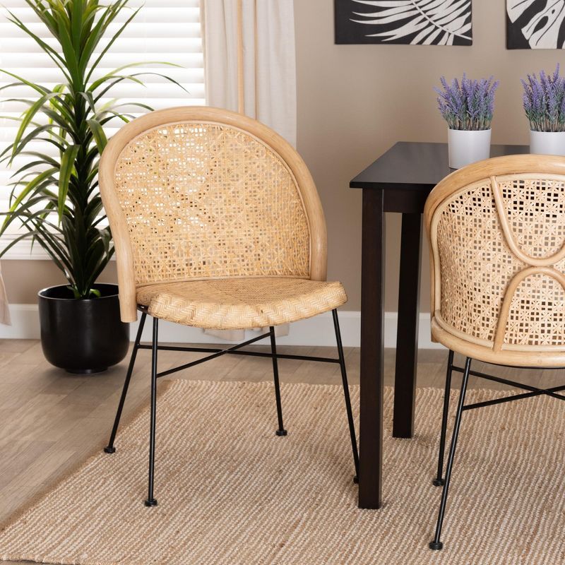 Natural Brown Rattan and Black Metal Dining Chair