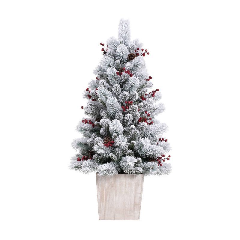 4ft Pre-Lit Frosted Ashcroft Fir Potted Christmas Tree with Red Berries