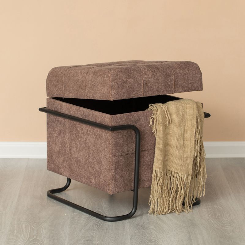 Modern Square Brown Fabric Storage Ottoman with Black Metal Frame