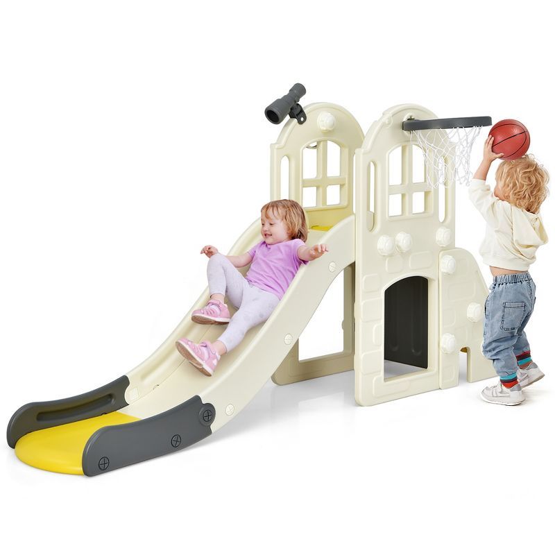 Yellow HDPE Indoor Climber Slide Playset with Basketball Hoop