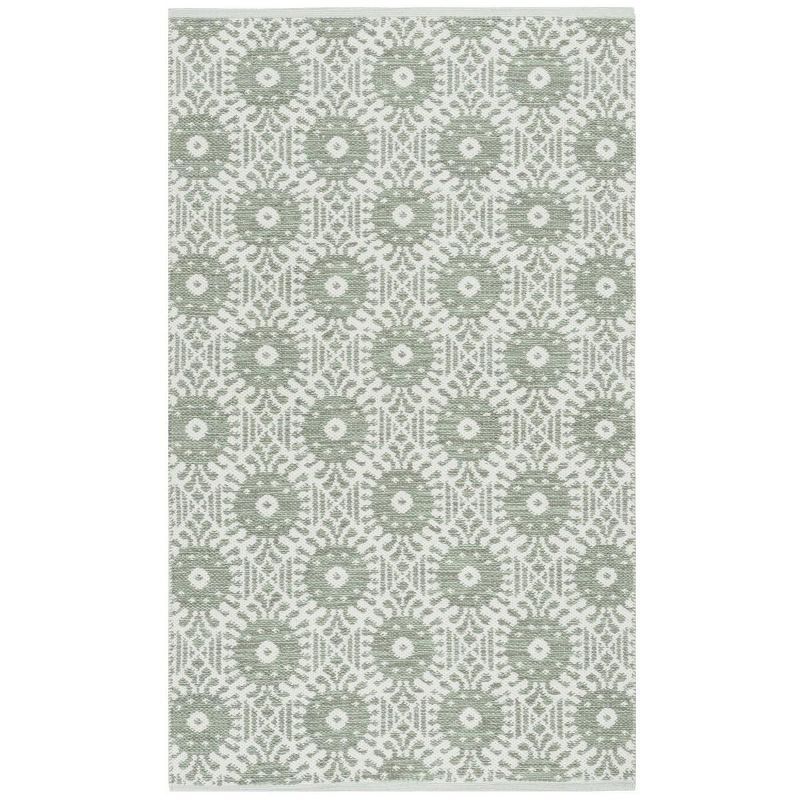 Ivory and Light Green Geometric Cotton Rectangular Rug