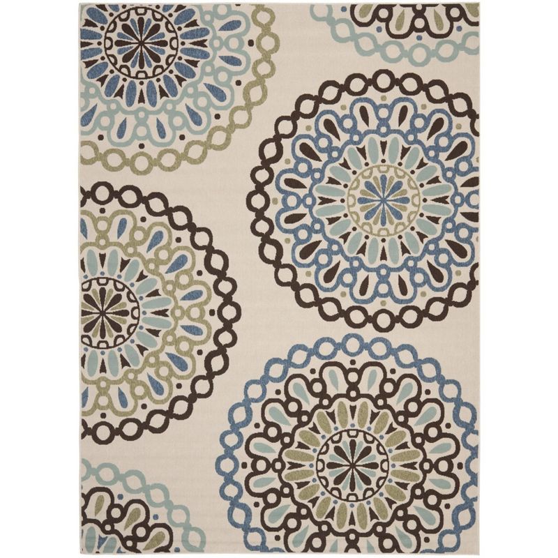 Cream and Blue Synthetic Medallion 9' x 12' Area Rug