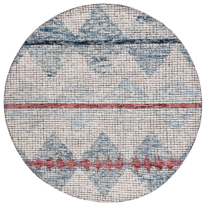 Ivory and Blue Abstract Hand Tufted Round Wool Rug