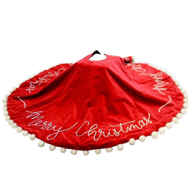 Red Velvet Christmas Tree Skirt with Pom Poms and Stitching