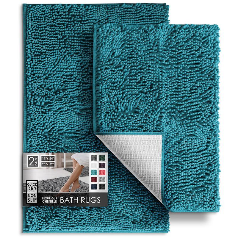 Teal Chenille Non-Slip Bathroom Rug Set 17x24 and 20x32