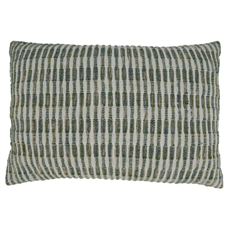 Green and White Woven Line Down Filled Throw Pillow