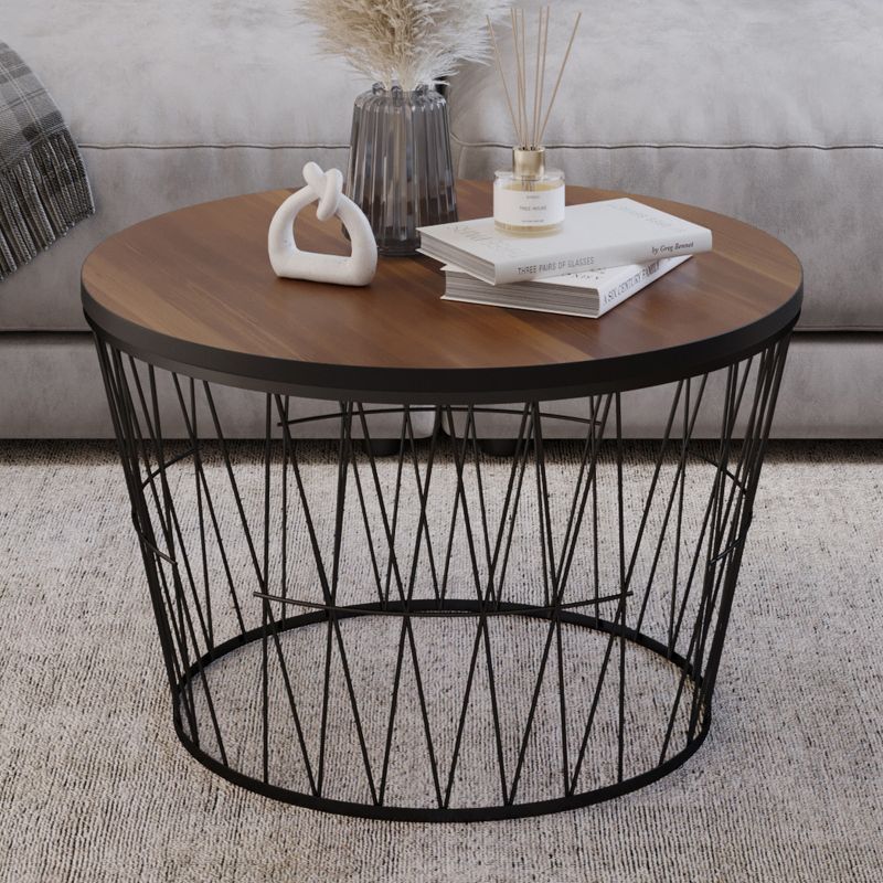 Mid-Century Modern Round Walnut & Black Coffee Table with Geometric Base