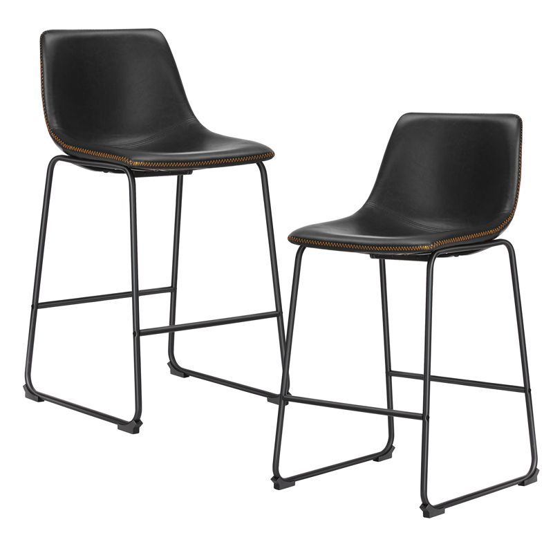 Black Faux Leather and Metal Counter Height Bar Stools, Set of 2