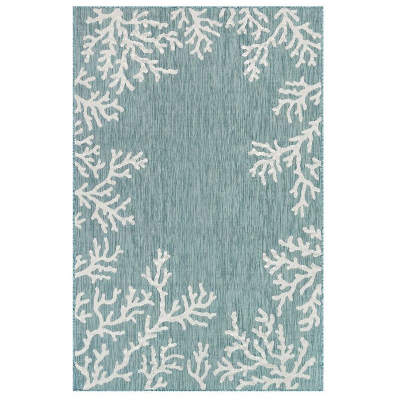 Aqua and White Synthetic Round Flat Woven Rug