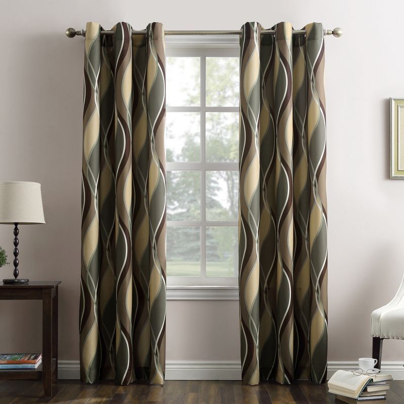 Spruce Green Wave Print Light-Filtering Grommet Curtain Panel 48" x 84"