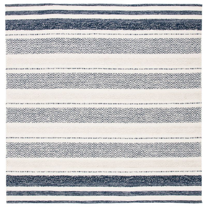 Ivory and Multi-Color Striped Kilim 7' Square Wool & Cotton Rug