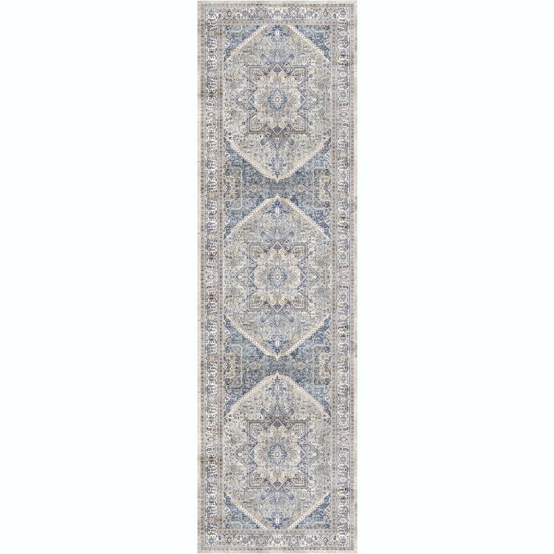 Beige Blue Floral Synthetic Flatweave Runner Rug