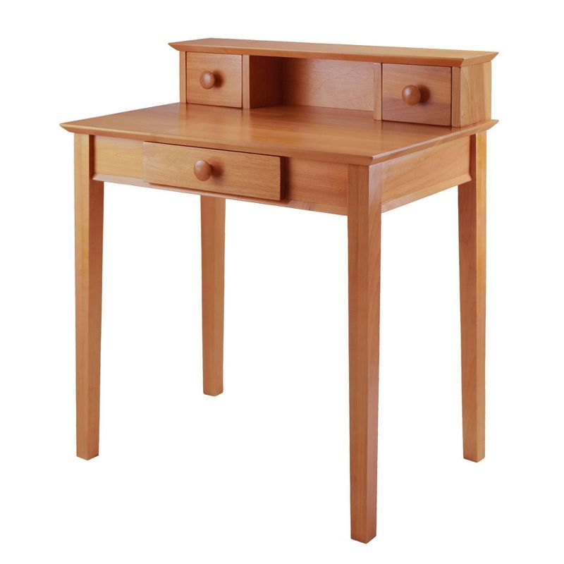 Transitional Honey Brown Solid Wood Writing Desk with Hutch and Drawers