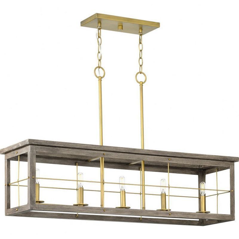 Hedgerow 5-Light Distressed Brass and Oak Linear Island Chandelier