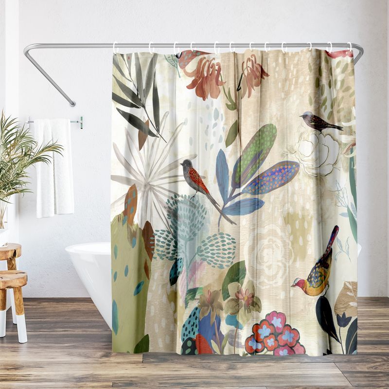 Beige Floral Polyester Shower Curtain with Metal Grommets