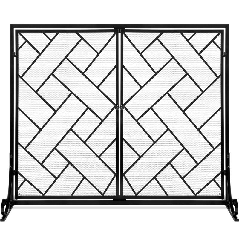 Black Wrought Iron Geometric Fireplace Screen with Magnetic Doors