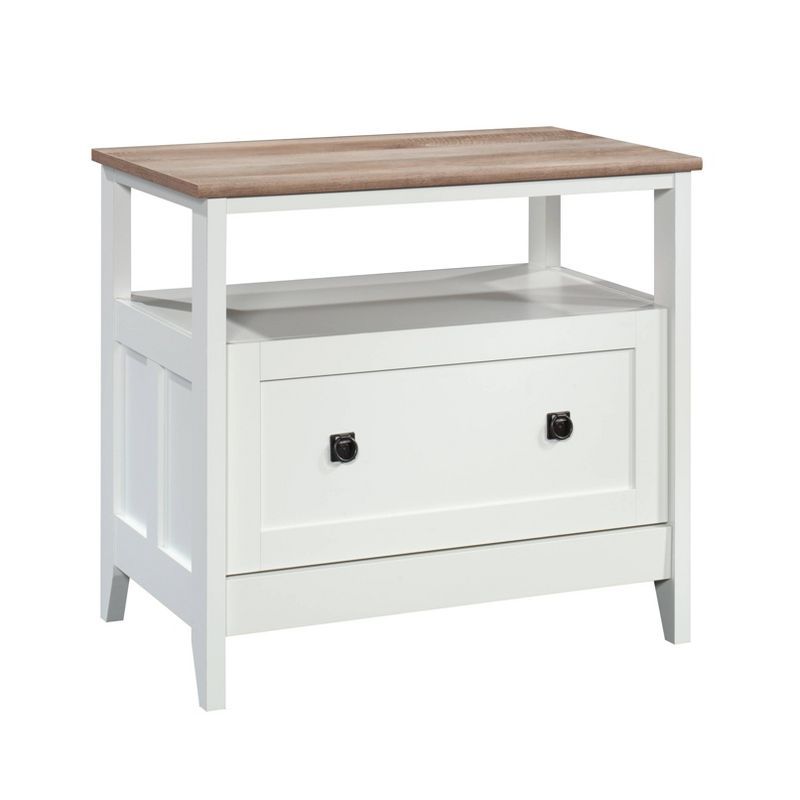 Soft White and Oak Lateral File Cabinet with Open Shelf