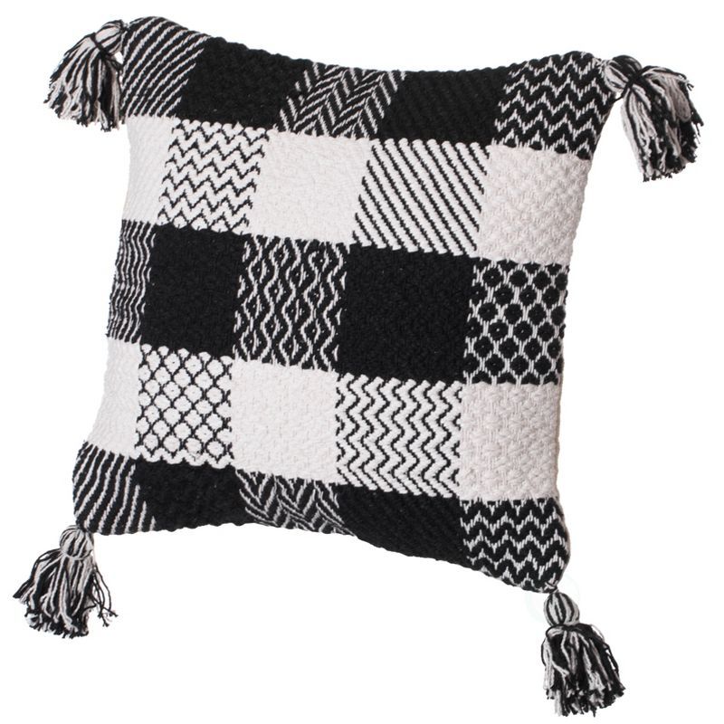 Black and White Handwoven Cotton Euro Pillow Cover with Tasseled Corners