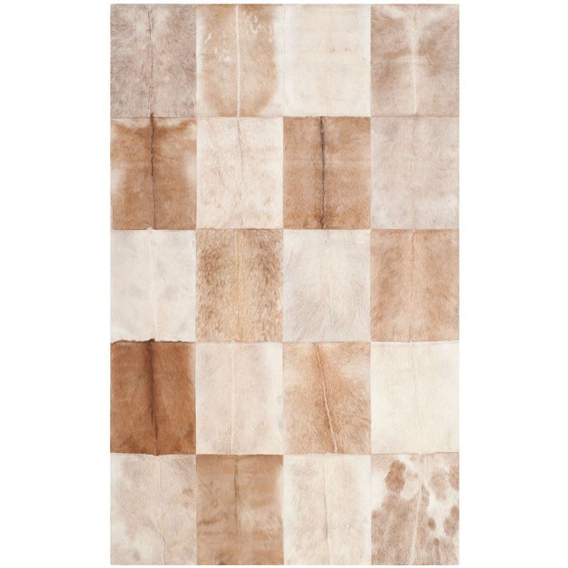 Beige and Brown Hand-Knotted Geometric Cowhide Rug