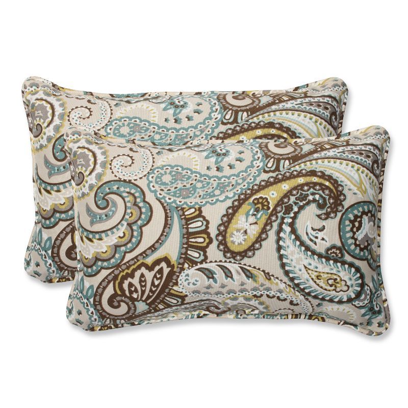 Paisley Blue and Brown Embroidered Outdoor Lumbar Pillow Set