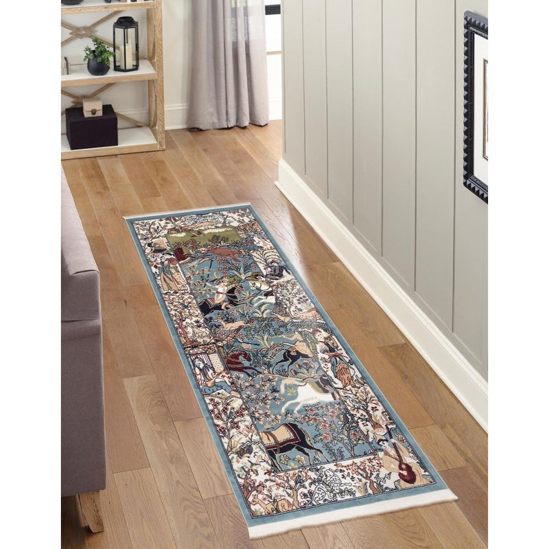 Blue and Tan Floral Synthetic Indoor Runner Rug