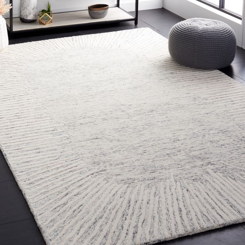 6' Square Grey and Ivory Handmade Wool Tufted Rug