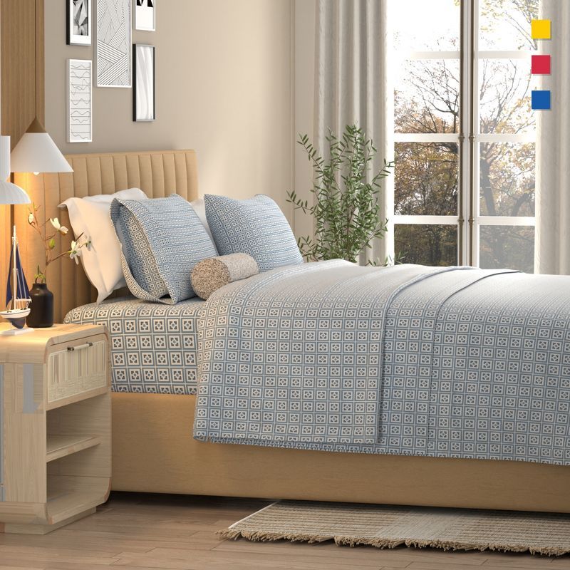 King Blue Cotton Percale Print Sheet Set