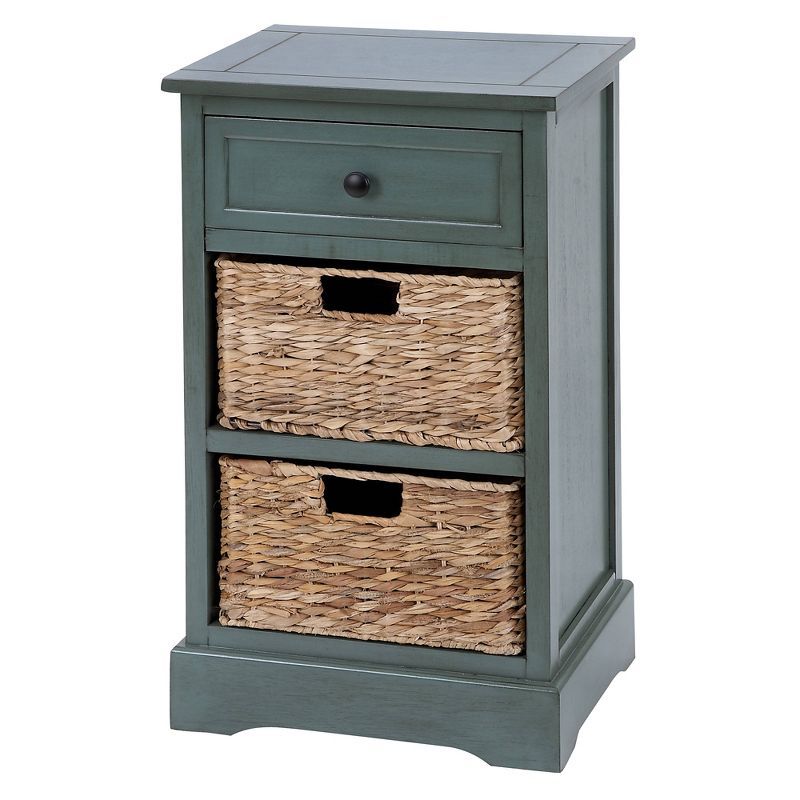 Teal Solid Wood Rectangular Side Table with Seagrass Baskets and Drawer