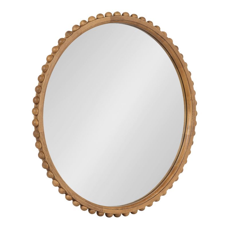 Rustic Brown Beaded Round Wood Wall Mirror, 24 Inch