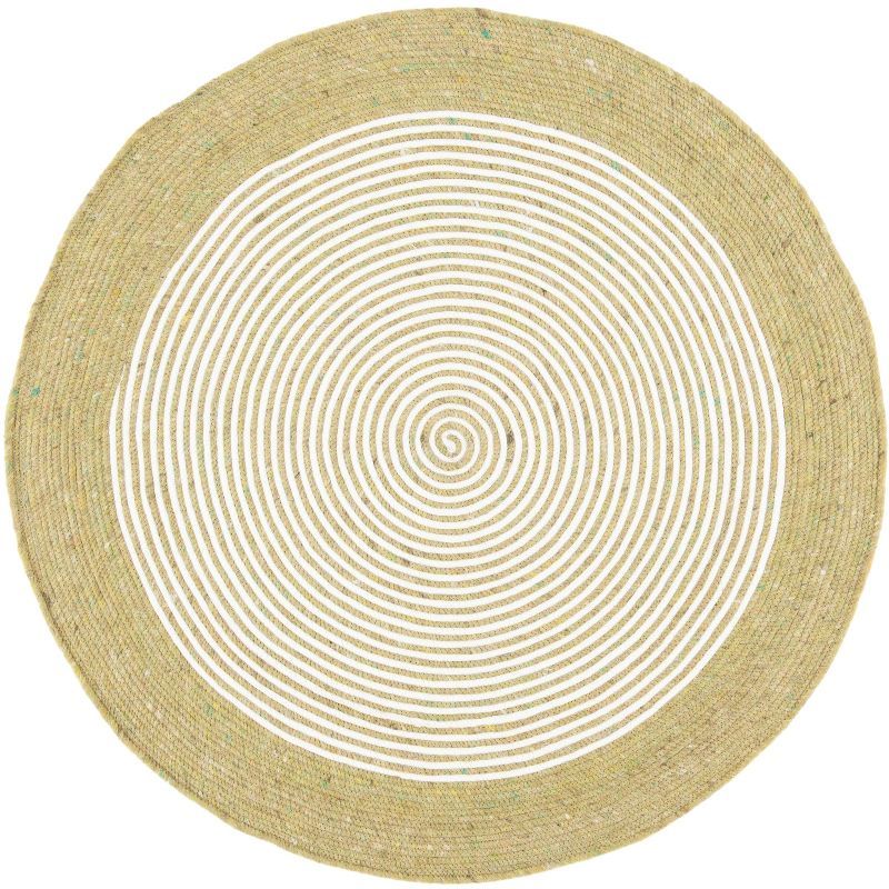 Ivory and Green Braided Wool 3' Round Handmade Rug