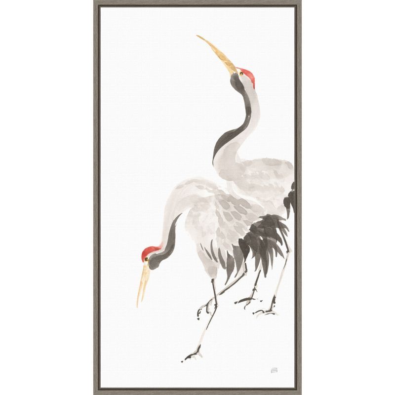 Gray and White Crane Watercolor Canvas Wall Art with Black Frame