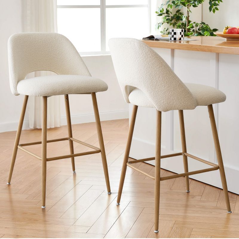 Beige Boucle Upholstered Counter Stools with Oak Metal Legs, Set of 2