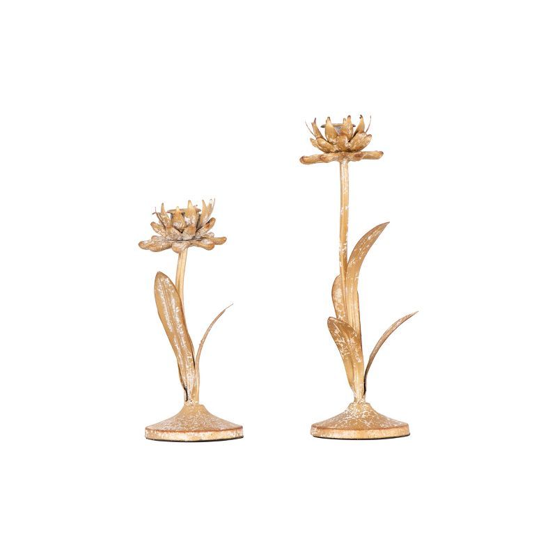 Distressed Gold Metal Flower Taper Candle Holders, Set of 2