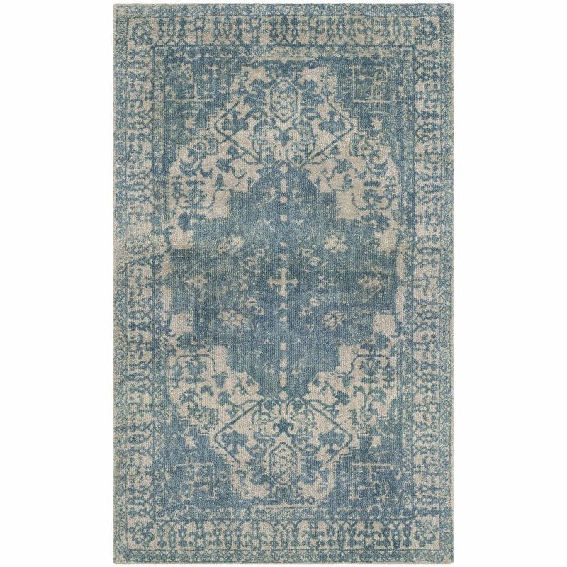 Ivory and Turquoise Hand-Tufted Wool Area Rug, 3' x 5'