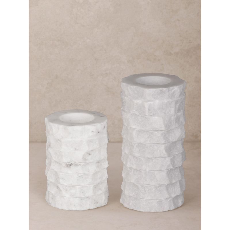 Flores White Marble Chiseled Taper Candle Holders, Set of 2